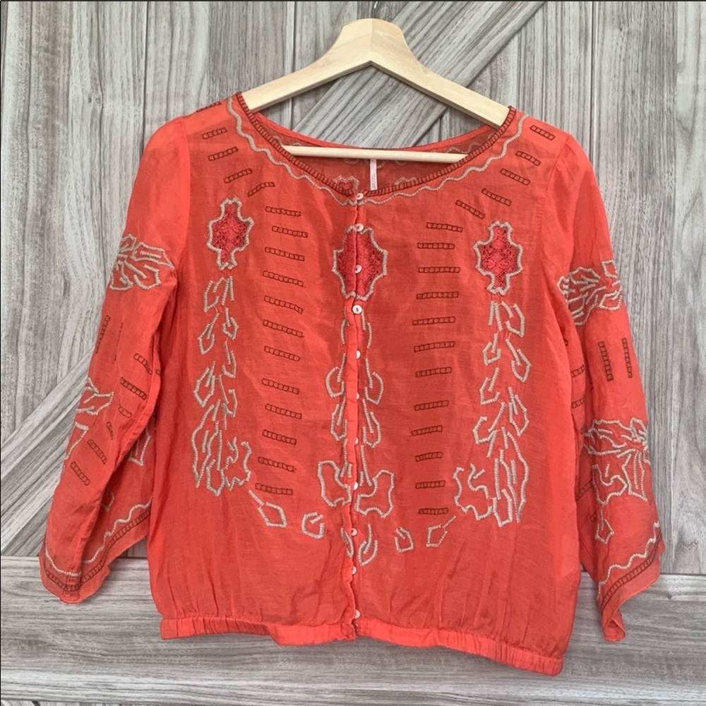Free People Orange Red Embroidered Button Down Top